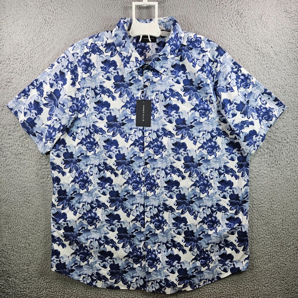 $89 NEW Perry Ellis Shirt Men 2X Stretch Button‎ Short Sleeve Floral Blue White